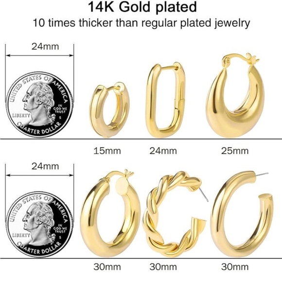 NWT set of SIX PAIRS of 14k gold plated chunky hoop huggie earrings ✨ - Picture 3 of 3